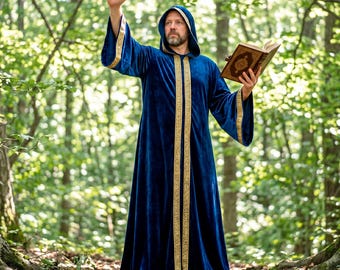 Blue Velvet Wizard Robe, Full Length Hooded Mage Mantle, Medieval Fantasy Cosplay Sorcerer Cape