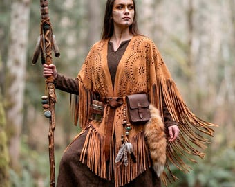 Tassel Poncho & Utility Belt, Druid Shaman Costume, LARP Medieval Renfaire Cosplay, Western Fringe Robe
