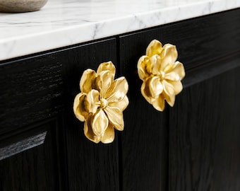 Brass Flower Drawer Knob, Golden Cabinet Pull, Furniture Door Handle
