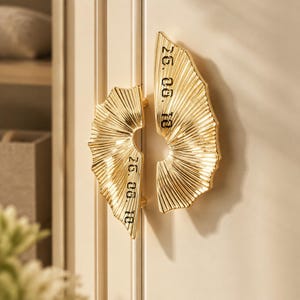 May include: A pair of gold-colored metal cabinet handles with a fan-like, pleated texture. Each handle features a semi-circular cutout and is engraved with the black text 26. 08. 18, positioned vertically along the outer edge of the metallic surface.