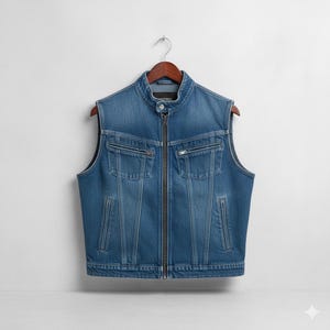 Op de afbeelding: Een blauw spijkergoed vest met een opstaande kraag en een ritssluiting over de hele lengte. Het vest heeft twee borstzakken met rits en twee zijzakken. Het hangt aan een houten hanger tegen een witte achtergrond.