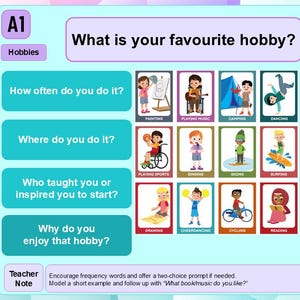 May include: An educational poster asking "What is your favourite hobby?" with illustrated cards depicting activities such as painting, playing music, and camping. It includes questions about frequency and inspiration.