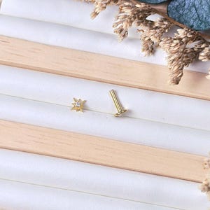 May include: A gold-coloured, starburst-shaped stud earring and a straight post earring are displayed. The starburst earring has a central gem. The earrings are on a white and tan striped surface, with greenery in the background.