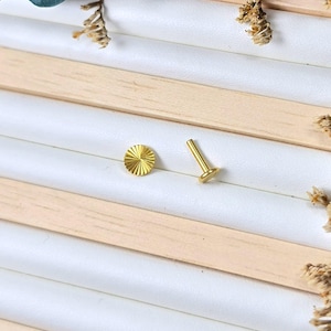 Peut inclure: Deux petits bijoux dorés. L'un est un disque plat avec un motif en forme d'éventail, et l'autre est une tige avec une tête plate et ronde. Les pièces sont présentées sur une surface blanche avec des accents en bois et des éléments floraux séchés.