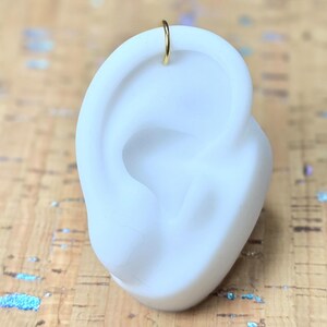 Peut inclure: Un anneau d'oreille doré est présenté sur une forme blanche en forme d'oreille. La boucle d'oreille est de conception simple et circulaire. L'arrière-plan est une surface texturée brun clair.