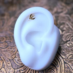 May include: A gold-coloured ear piercing stud with a crescent moon and snake design. The earring is set on a white ear model, against a textured, brown and gold background.