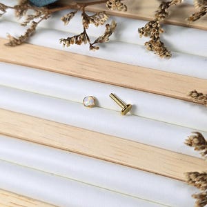 Op de afbeelding: Een goudkleurige oorbel met een opaalachtige steen en een aparte goudkleurige pin. De sieraden worden gepresenteerd op een witte ondergrond met houten latten en gedroogde bloemaccenten.