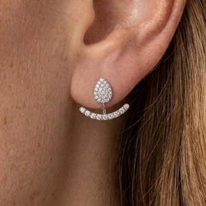 925 Sterling Silver Moissanite Pear‑Shape Ear Jacket Earrings • Curved Front‑Back Two‑Way Stud Earrings • Elegant Birthday Gift for Her