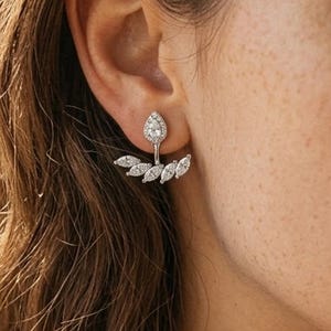 925 Sterling Silver Moissanite Leaf Ear Jacket Earrings • Pear & Marquise Cut Front‑Back Stud Earrings • Birthday Gift for Her