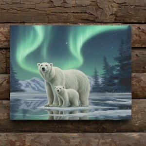 Polar Bear Mother & Cub Canvas Wall Art | Northern Lights Arctic Wildlife Painting | Aurora Borealis Polar Bear Print