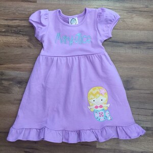 Custom Lavendar Ruffled Dress.  Features Monogram Name and sweet Mermaid.  Summertime Perfection.