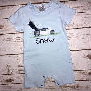 Custom Lawnmower Applique on a Blue Outfit of choice. See pictures for styles.