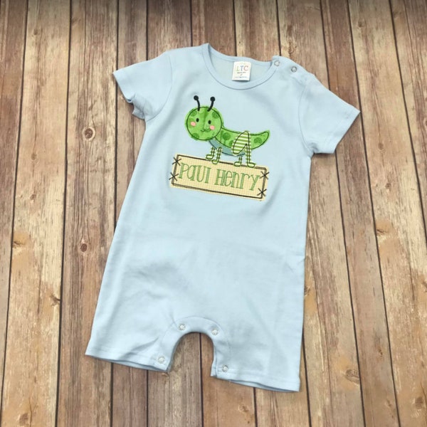 Custom Grasshopper Applique Blue Romper