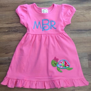 Custom Pink Ruffled Dress.  Features Monogram Initials and sweet Sea Turtle.  Summertime Perfection.