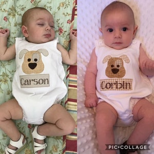 May include: Two babies wearing white sleeveless onesies with a brown dog applique and personalized names. The onesie on the left says "Carson" and the onesie on the right says "Corbin".