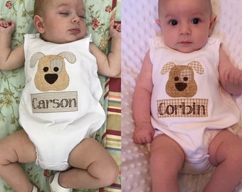 Cutest Puppy design around with name patch monogram.  A must have for that perfect and precious outfit!