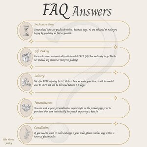 May include: An informational graphic titled FAQ Answers with a large, faint question mark in the background. It features five horizontal gold-outlined rounded rectangles, each containing a small icon and text regarding production, gift packing, delivery, personalization, and order cancellation policies.