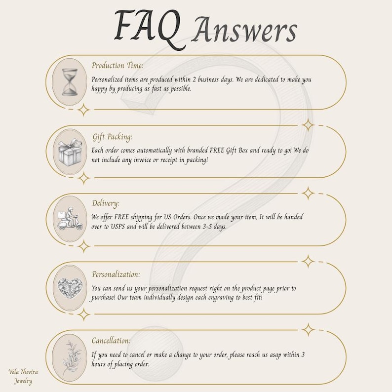 May include: An informational graphic titled FAQ Answers with a large, faint question mark in the background. It features five horizontal gold-outlined rounded rectangles, each containing a small icon and text regarding production, gift packing, delivery, personalization, and order cancellation policies.