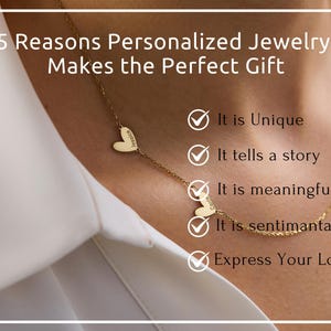 May include: A gold-tone chain necklace featuring two small heart-shaped charms engraved with names. The image includes the text: 5 Reasons Personalized Jewelry Makes the Perfect Gift, It is Unique, It tells a story, It is meaningful, It is sentimental, Express Your Love.