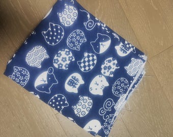Clearance sale, navy blue color fabric, cotton linen blend fabric with cat pattern,