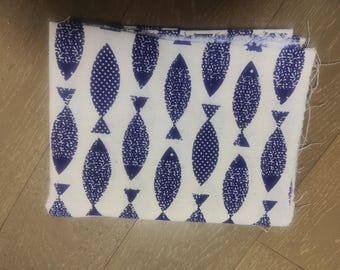 Clearance sale, off-white color fabric, cotton linen blend fabric with fish pattern,
