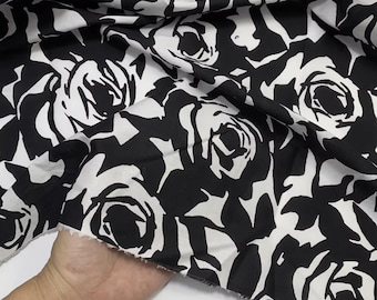 Tela de algodón en blanco y negro con estampado de rosas, tela de algodón estampada con rosas, para vestido de verano