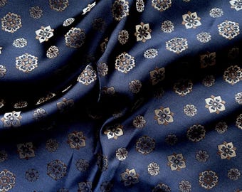 Navy Blue Color Brocade Fabric With Tang-Pipa-Shapes Floral Motif