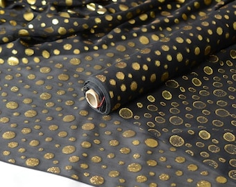 ON SALE, 100% Black color silk georgette with gold color dots pattern, translucent thin silk, for Summer long skirt beach dress