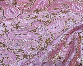 47inches Wide -Pink Color Brocade Fabric With Gold Color Pipa-Shapes Floral Motif