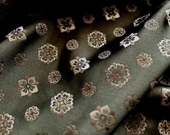 Army Green Color Brocade Fabric With Tang-Pipa-Shapes Floral Motif For Gift