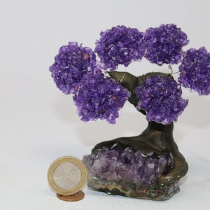 May include: A decorative amethyst tree sculpture. The tree features a dark brown trunk and branches supporting clusters of vibrant purple amethyst crystals, resembling flowers. The base is also made of amethyst. A coin is next to the sculpture.