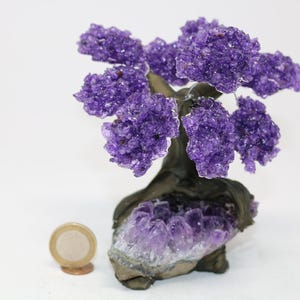 May include: A decorative amethyst tree sculpture with purple crystal clusters forming the foliage. The base is a rough, natural stone with a cluster of amethyst crystals. A coin is next to the sculpture for scale.