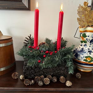 Rustic Bark Yule Log Candle Holder Centerpiece