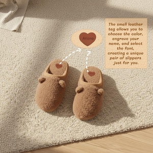 Personalized Name Slippers, Custom Engraved Leather Tag House Slippers, Cozy Home Shoes, Unique Gift for Her, Birthday Gift