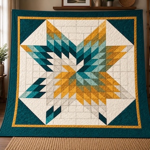 May include: A square quilt featuring a central star pattern composed of small triangular patches in shades of teal, mustard yellow, and white. The quilt has a wide teal border with a thin mustard yellow accent line and visible stitching throughout.
