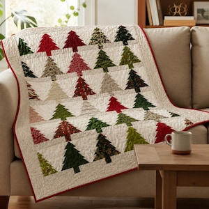 Peut inclure: Un jeté de lit matelassé orné d'un motif répétitif de sapins de Noël dans des tons variés de rouge, vert et neutre sur un fond crème, fini par un fin liseré rouge et des surpiqûres détaillées sur l'ensemble de la surface.