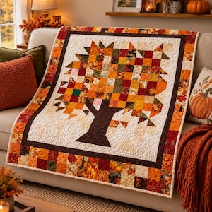 May include: A rectangular quilt featuring a central tree motif constructed from small, multi-colored fabric squares in shades of orange, yellow, red, and brown. The tree has a dark brown trunk and is framed by a dark brown border and a patterned edge.