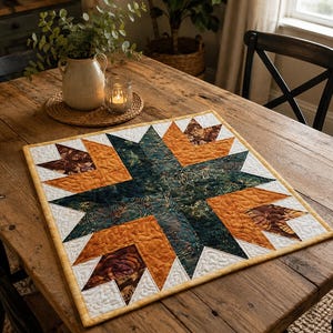 Pode incluir: Um caminho de mesa acolchoado quadrado com um padrão de estrela central em tecido verde escuro, laranja e castanho com detalhes em branco. A colcha tem uma borda amarela e costuras intrincadas por toda a superfície do tecido.