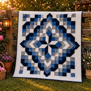 May include: A square quilt featuring a geometric pattern of interlocking diamonds and squares in shades of navy blue, royal blue, light gray, and white. The design creates a central star motif with a dark blue border and white fabric backing.