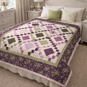 May include: A patchwork quilt featuring a repeating diamond pattern in shades of purple, sage green, and cream. The quilt has a wide border with a dark purple floral print and a central design of alternating solid and patterned fabric squares.