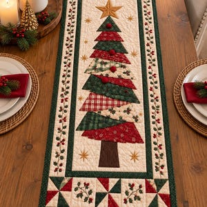 Christmas Star & Tree Quilt Pattern – Festive Table Runner PDF, Layered Christmas Tree Applique, Christmas Table Decor