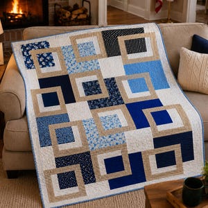 Midnight Frames Throw Quilt Pattern PDF, Modern Geometric Quilt, Instant Download