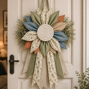 May include: A fabric wall hanging shaped like a large flower with layered petals in blue, green, orange, and cream floral patterns. The center is a circular quilted piece with concentric stitching. Long fabric ribbons hang from the base.