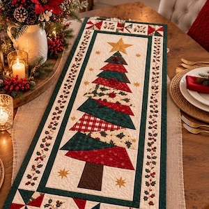 Christmas Star & Tree Quilt Pattern – Festive Table Runner PDF, Layered Christmas Tree Applique, Christmas Table Decor