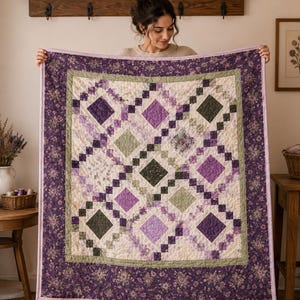 Garden Lattice Dream Quilt Pattern PDF – Purple & Green Patchwork – Exclusive Design