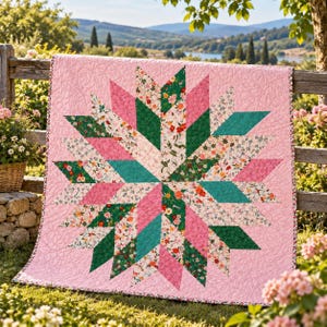Frosted Blossom Star Quilt Pattern PDF, Star Quilt Pattern, Modern Floral Quilt, Patchwork Pattern, Digital Download