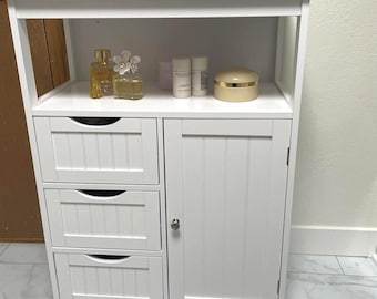 Bathroom Floor Cabinet, Wooden Storage Organizer with Door and Drawers, Free-Standing Cupboard