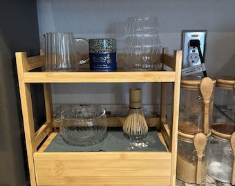 2 Tier Bamboo Counter Organizer, Vanity Shelf with Hidden Drawer Storage