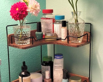 2-Tier Wooden Corner Counter Organizer, Bathroom and Vanity Shelf for Makeup, and Kitchen Storage