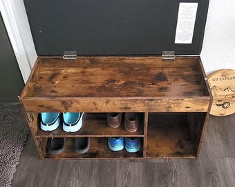Rustic Entryway Shoe Storage Bench with Cushion, Hidden Compartment Organizer